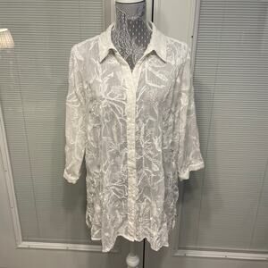 Dana Buchman Sheer Button Up Blouse Embroidered Top White Ivory XL